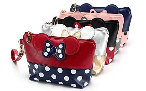 Cartoon Leather Travel Makeup Handbag, Cute Portable Cosmetic bag Toiletry Pouch for Women Teen Girls Kids (Black)