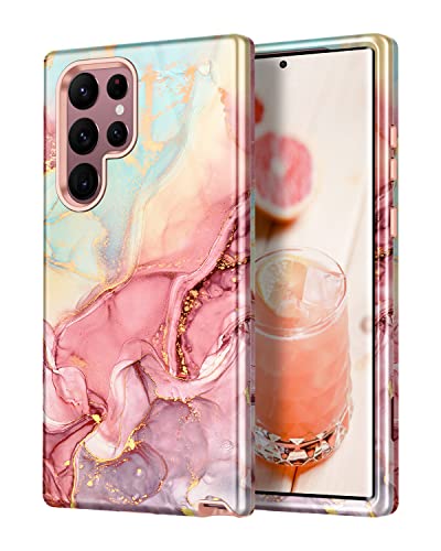 Case for Samsung Galaxy S22 Ultra 5G , Marble Pattern 3 in 1 Heavy Duty Shockproof Full Body Rugged Hard PC+Soft Silicone Drop Protective Women Girl Covers , Rose Gold