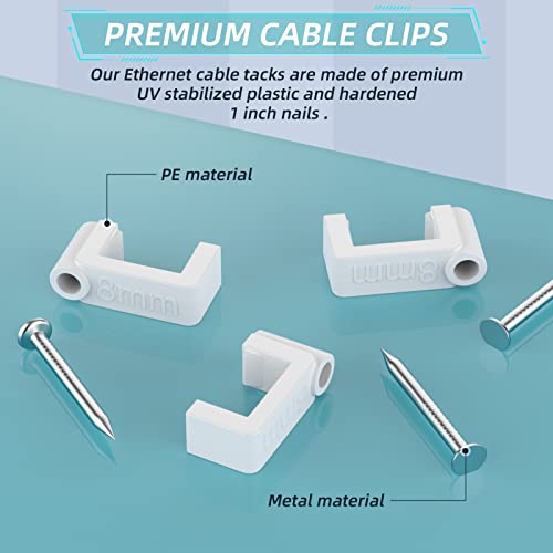 Cable Clips Black - 100 Pieces Ethernet Cable Clips with Steel Nails 8mm Cord Holder for Cat8 Cat7 Cat6 Flat Ethernet Cable - 0.32 inch