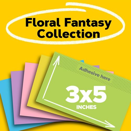 Notes, 3x5 in, 5 Pads, America's #1 Favorite Sticky Notes, Floral Fantasy Collection, Bold Colors (Green, Yellow, Orange, Purple, Blue), Clean Removal, Recyclable (655-5UC)