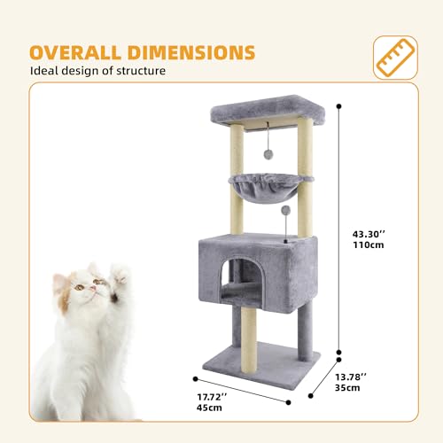 ROYPET Multi-Level Cat Tree for Indoor Cats, Cat Tree Tower with Big Condo, Cat Tower with Cat Hammock, Indoor Climbing Activity Tower with Scratching Posts, Small Space, Grey