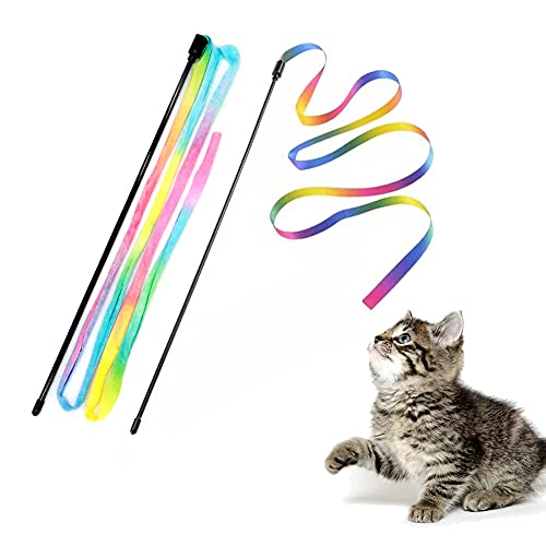 Interactive Cat Rainbow Wand Toys, Interactive Cat Teaser Wand String, Colorful Ribbon Charmer for Most Cats and Kittens - 2 Packs