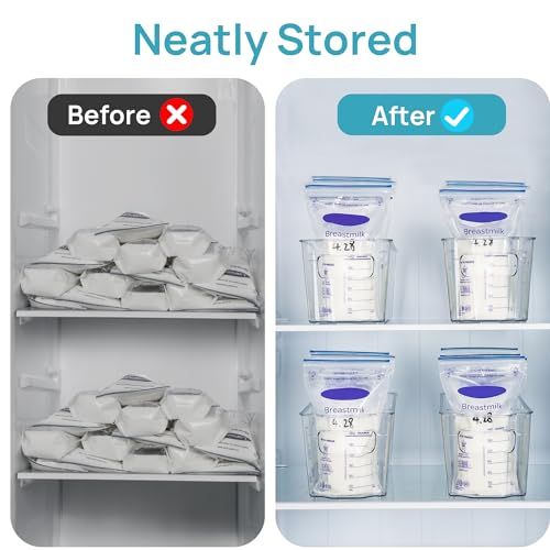 Breastmilk Storage Container 4PCS Set, Clear Freezer and Fridge Organizer Bins, Plastic Storage Bins for Breast Milk, Baby Pouches, Formula, Bottles and Yogurts, 4.3’’ Width, 14.7 Long