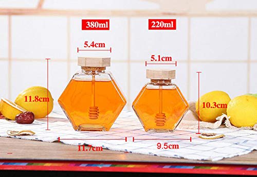 Honey Jar Glass Hexagon Shape Honey Pot Container with Wooden Dipper and Cork Lid Cover Honey Syrup Beehive Storage for Home Kitchen,12 Oz