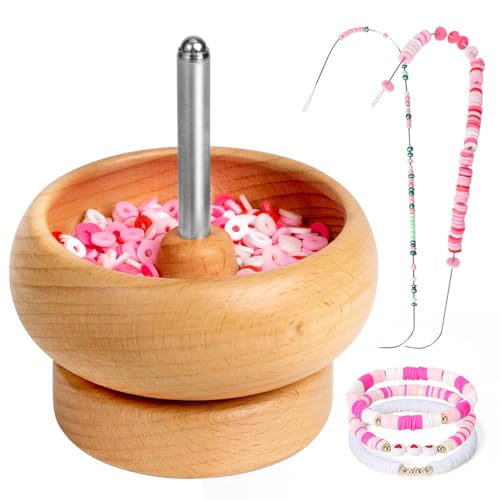 Bead Spinner for Jewelry Making, Effortless Rotating Wooden Clay Bead Spinner with 2 Big Eye Beading Needles and 3000 Seed Beads, Beading Supplies for Making Waist, Bracelets, Necklace