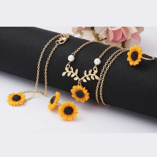 Set of 5 Sunflower Faux Pearl Leaf Chain Resin Boho Petal Pendant Necklace with Sunflower Bracelet Earrings Ring for Women Jewelry Accessories (Gold)