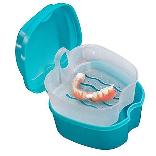 Blue: Denture Case, Denture Cup with Strainer, Denture Bath Box False Teeth Storage Box with Basket Net Container Holder for Travel, Retainer Cleaning (Blue) (Blue)