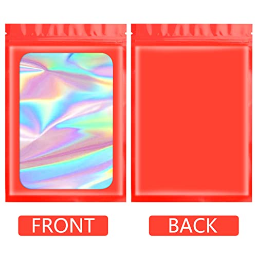 Funfery 100 pcs Red Mylar Holographic Bags, Clear Window Zipper Bags Resealable Smell Proof Bags Foil Pouch Bags for Food Storage and Lipgloss,Jewelry,Eyelash Packaging for Small Business(4x6In)
