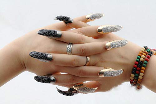 Ericotry Set of 5 Punk Style Finger Claw Ring Gothic Jewelry False Nail Retro Clear Crystal Talon Finger Ring Knuckle Bend Finger Claw for Cosplay Party (Glod)