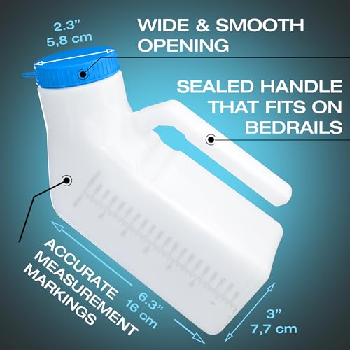Urinals for Men Glow in The Dark Lid (3 Pack) - 32oz/1000mL Thick Plastic Mens Bedpan Bottle with Screw-on Lid - Spill Proof Urinary Chamber - Male Portable Travel Pee Bottles