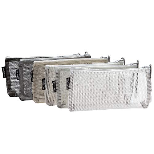 6pcs Multicolored Portable Travel Toiletry Pouch Nylon Mesh Cosmetic Makeup Organizer Bag with Zipper, Monochrome