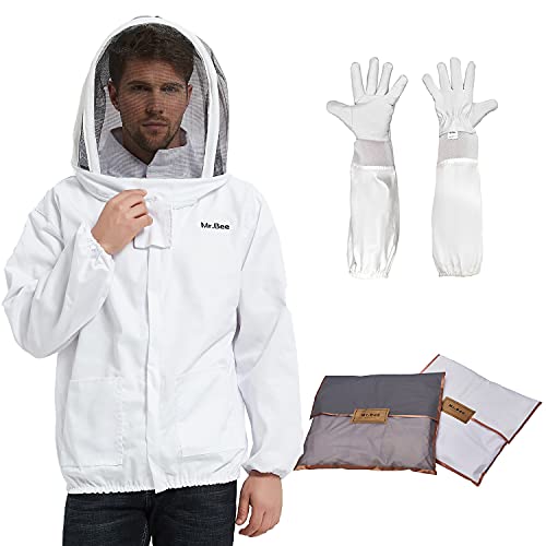 Premium Beekeeping Suit Jacket with Removable Fencing Veil Hood, Beekeeper Goatskin Gloves for Professional Beekeepers (XL)