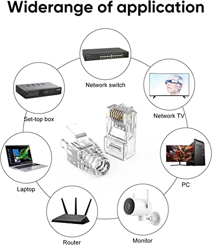RJ45 Connectors, 100-Pack Cat6 Connector, Cat6/Cat5 8P8C Modular Plug Ends with Relief Boots for Solid Wire and Standard Cable, Transparent
