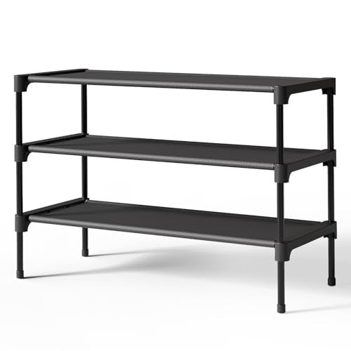 Shoe Rack - Premium Non-Woven Shoe Rack Shelf, Shoe Organizer for Closet, Entryway, Garage & Corridor, Sturdy & Durable Long Stackable Shoe Shelves, Medium, Black
