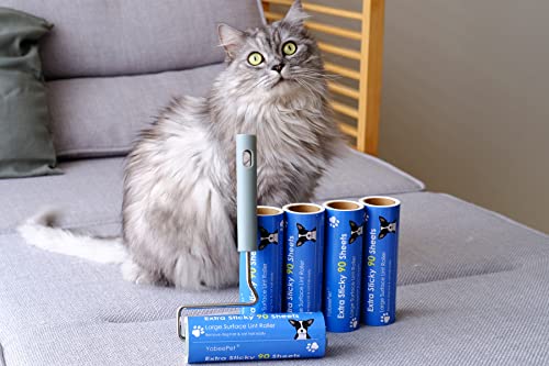 Extreme Sticky Large Surface Lint Roller, Long Handle Pet Hair Remover, Designed for Removing Pet Dog Cat Hair 90 Sheets per Roll, 6.3 inch Width (1 Roller+2 Refills)