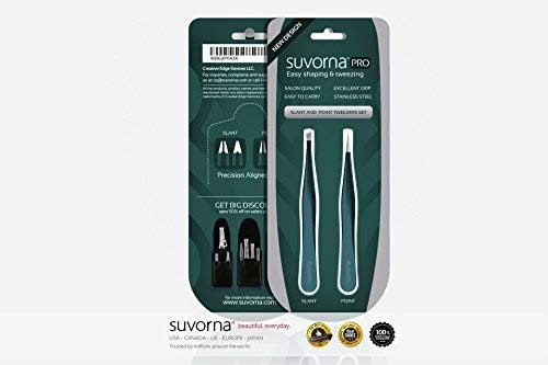 4 Precision Aligned Professional Tweezers Color Sets with Premium Stainless Steel. One Sharp Pointed Pair and One Slant Tip Pair for Eyebrow Shaping. Great for Ingrown Hair (Green)