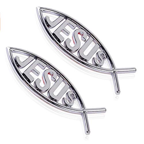 2pcs Jesus Fish Decal Sticker Silver,3D Car Chrome Decal Emblem Sticker Religious God for Jesus Christian Fish Symbol