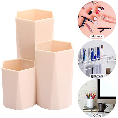 Plastic Makeup Brush Holder Organizer, 3 Slot Cosmetics Storage Makeup Brushes Cup on Vanity, Desk,Bathroom Countertops(Khaki)