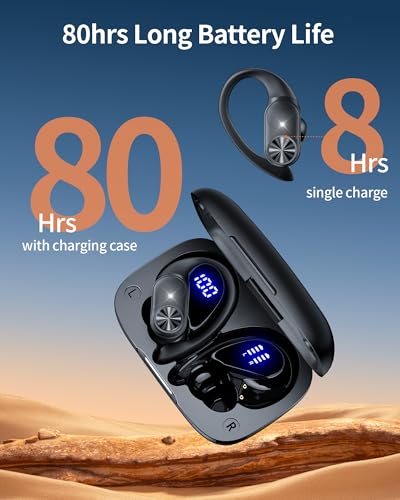 Bluetooth Headphones Wireless Earbuds 80hrs Playtime Wireless Charging Case Digital Display Sports Ear Buds with Earhook Deep Bass IPX7 Waterproof Over-Ear Earphones for TV Phone Laptop Black