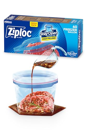 Gallon Food Storage Freezer Bags, Stay Open Design with Stand-Up Bottom, Easy to Fill, 60 Count