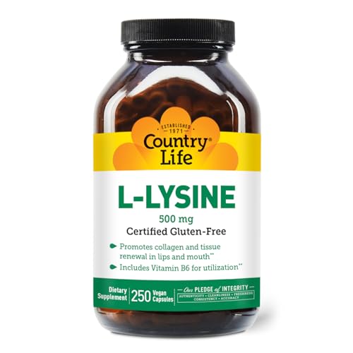 L-Lysine 500mg with B-6, Supports Immune Health, Promotes Collagen Renewal in Lips and Mouth, 250 Vegan Capsules, Certified Gluten Free, Certified Vegan