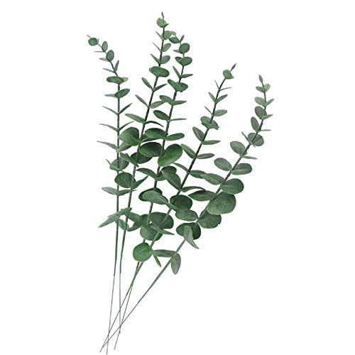 5 Pcs Real Touch Leaf Artificial Eucalyptus Stem Faux Eucalyptuses Wedding Bouquet Centerpiece Home Decor (Green)