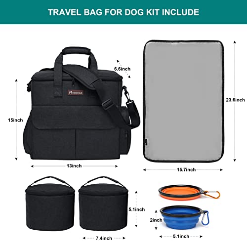 Dog Travel Bag Dog Travel Kit for a Weekend Away Set Includes Pet Travel Bag Organizer for Accessories, 2 Collapsible Dog Bowls, 2 Travel Dog Food Container (Black)