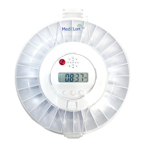 Premium Automatic Pill Dispenser for Elderly with Alarm | Secure Medication Dispenser 28 Sealed Compartments | Tamper-Resistant Automatic Pill Dispenser | FSA/HSA Eligible, Clear & Solid White Lids