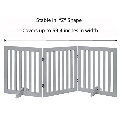24”H Free Standing Pet Gate for Dog, Wooden Dog Gates for Doorway, Stairs, Step Over Foldable Pet Fence for The House, Expandable Dog Barrier, Indoor Use, Grey