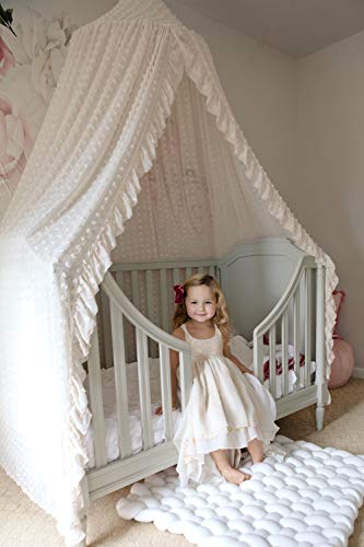 Elegant Kids Bed Canopy - Lace Chiffon Netting with Pom Pom, Princess Girls Fairy Dream Tent, Nursery Room Baby Crib Hanging Curtain Mosquito Net Children Reading Nook Decoration (Beige)