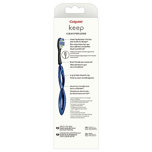 Keep Soft Manual Toothbrush for Adults with 2 Deep Clean Floss-Tip Brush Heads, Navy