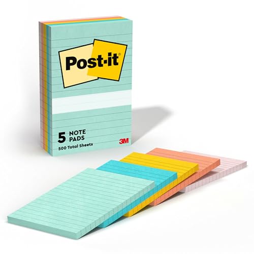 Notes, 4x6 in, 5 Pads, America's #1 Favorite Sticky Notes, Beachside Café Collection, Pastel Colors, Recyclable (660-5PK-AST)