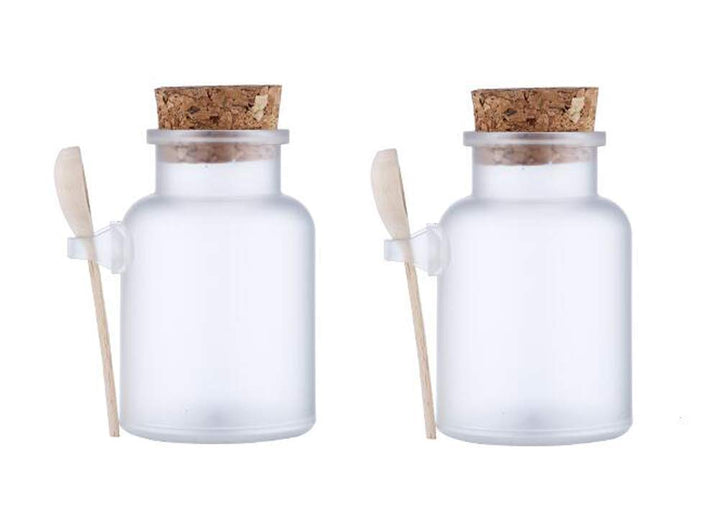 2PCS 300ML 10OZ Frosted Empty Plastic Bottle with Wooden Spoon and Cork Stopper Bath Salt Shaker Food Powder Seasoning Nut Storage Holder Refillable Container Pot Jar for Daily Life
