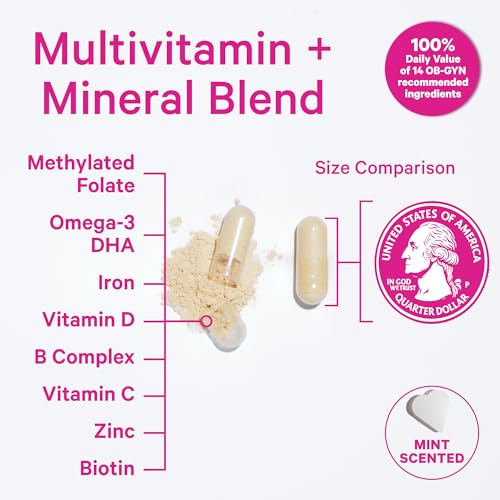 Total Prenatal Vitamins with DHA, Folate, Iron, Choline, and Vitamin B12 - Preconception Nutrition - Prenatals for Women, Pregnancy Must Haves - Mint Essence, 60 Capsules, 1 Month Supply