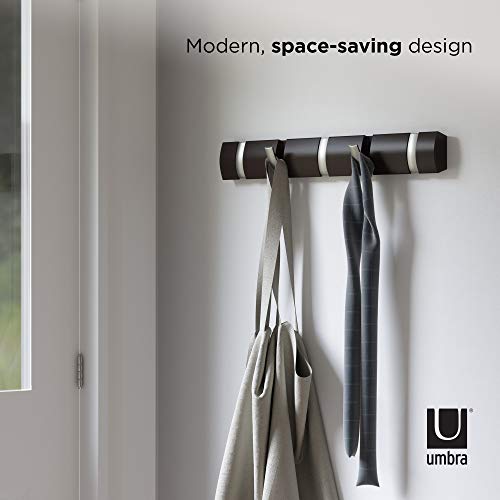 Flip Wall-Mounted Coat Rack Rail Hook for Hats, Jackets, Bags and More – Modern, Space-Saving Storage Organizer for Entryway, Mudroom, Closet, Bathroom, Bedroom, Kids Room, or Nursery, 5 Hooks, Espresso/Nickel