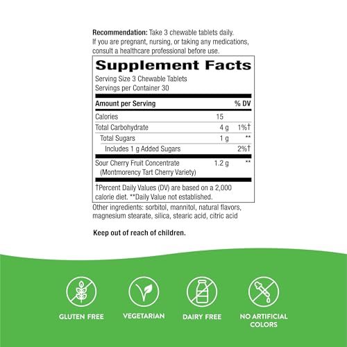 Nature's Way Tart Cherry Ultra Chewables, Supports Antioxidant Pathways* with Anthocyanins, 1,200 mg Potency per 3-tablet Serving, Cherry Flavored, Gluten Free, Vegan, 90 Count (Packaging May Vary)