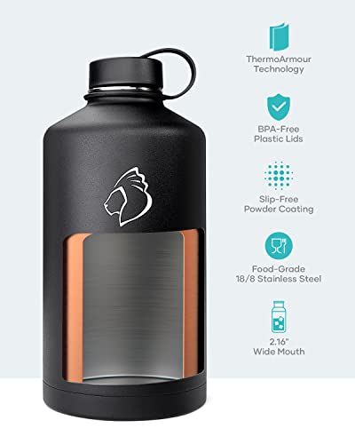 1 Gallon Water Jug with Straw Handle Lid, 128oz Water Bottle Stainless Steel Double Wall Hydro Jug 18/8 Food Grade Thermo Mug Keep Cold 48H & Hot 24H, Black