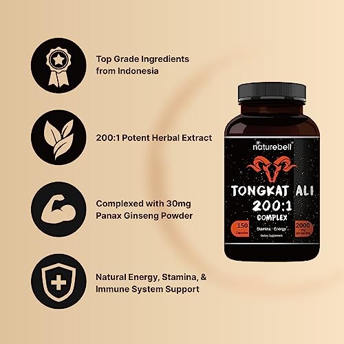 Tongkat Ali 200:1 (Longjack) Extract for Men, 2000mg Per Serving, 150 Capsules, Indonesia Origin, Eurycoma Longifolia | with Panax Ginseng for Energy, Stamina, & Male Health Support
