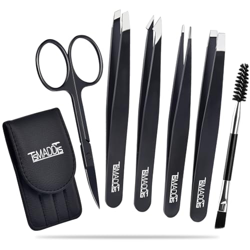 Tweezers Set and Curved Scissors, Professional Stainless Steel Tweezers for Women and Men, 6 Pack Precision Tweezers For Eyebrows for Ingrown Hair, Daily Beauty Tool with Leather Travel Case