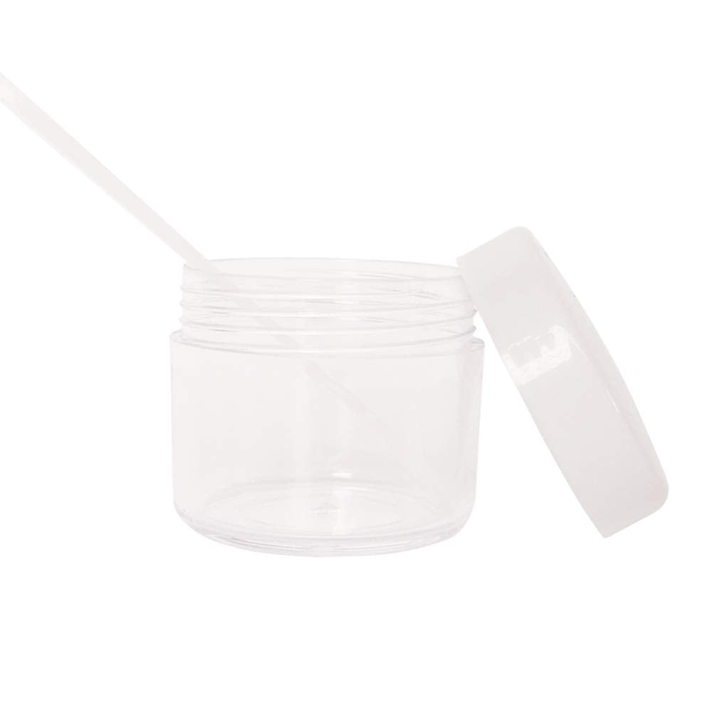 16pack 20g Empty Sample Jars, 20ml Small Plastic Refillable Cosmetic Container for Makeup Eyeshadow Jewelry Cream Slime Bath Lotions Oils, Clear Round Pot w/ WHITE Lid, Free Spatulas +Label