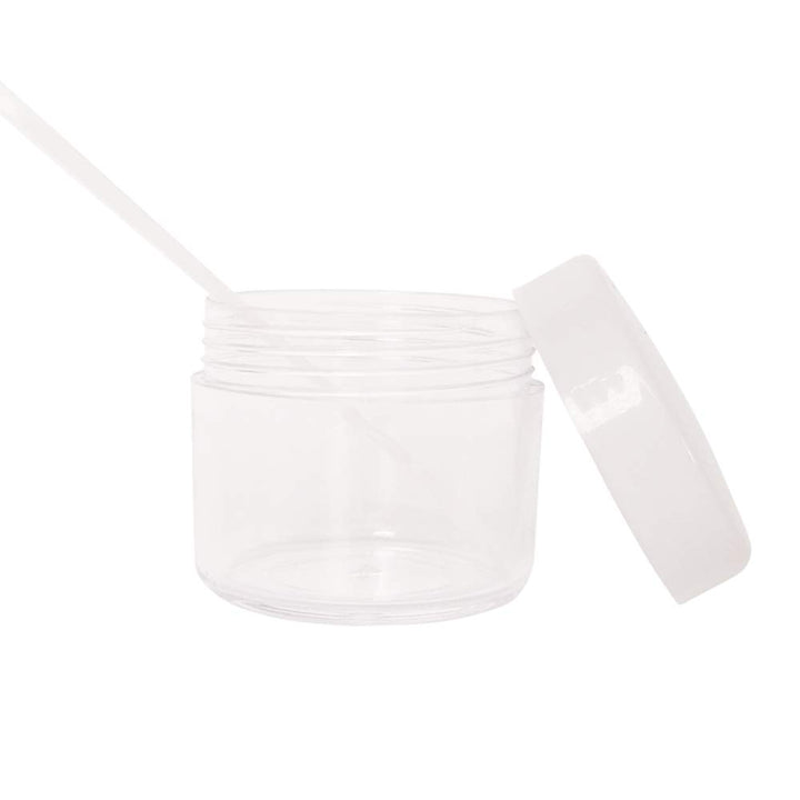 16pack 20g Empty Sample Jars, 20ml Small Plastic Refillable Cosmetic Container for Makeup Eyeshadow Jewelry Cream Slime Bath Lotions Oils, Clear Round Pot w/ WHITE Lid, Free Spatulas +Label