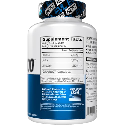 BCAAs Amino Acids Supplement for Men - EVL 2:1:1 5g BCAA Capsules for Post Workout Recovery and Lean Muscle Builder for Men - BCAA5000 Branched Chain Amino Acids Nutritional Supplement - 30 Servings
