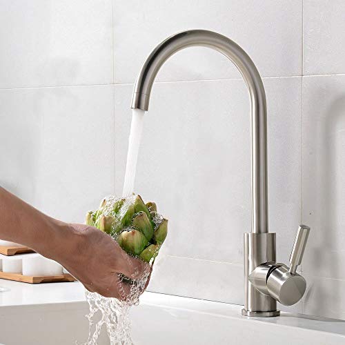 Brushed Nickel Single Hole Bar Sink Faucet, Modern Stainless Steel Single Handle Bar Faucet Brushed Nickel, 360 Degree Swivel Hot and Cold Outdoor Kitchen Sink Faucet