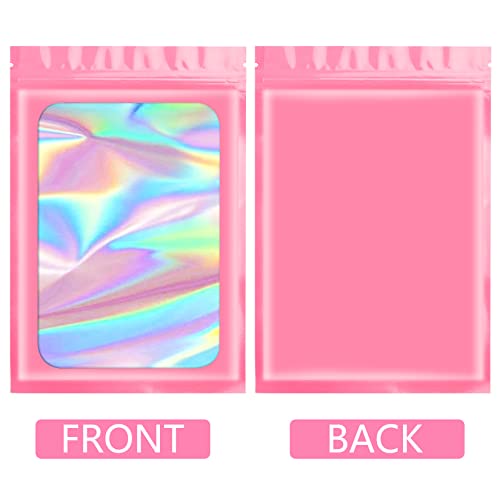 Funfery 100 pcs Pink Smell Proof Mylar Holographic Bags Packaging Bags,Clear Resealable Odor Proof Bags Foil Pouch Bags for Food Storage,Gloss,Jewelry,Eyelash Packaging for Small Business(6.3x9.4In)