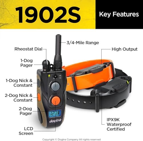 1902S Ergonomic 3/4-Mile IPX9K Waterproof High-Output 2-Dog Remote Dog Training E-Collar