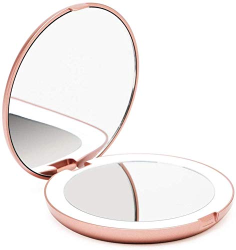 LED Lighted Travel Makeup Mirror, 1x/10x Magnification - Daylight LED, Compact, Portable, Large 5 Wide Illuminated Folding Mirror (Lumi) Rose Gold