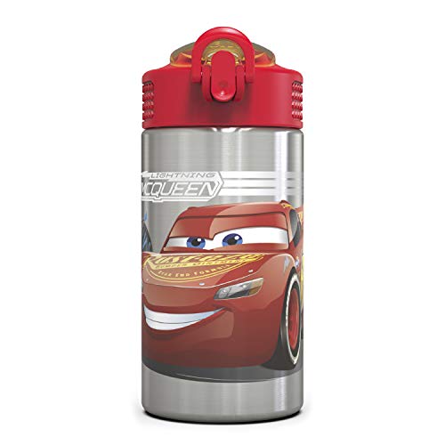 Disney Cars 3 - Stainless Steel Water Bottle with One Hand Operation Action Lid and Built-in Carrying Loop, Kids Water Bottle with Straw Spout is Perfect for Kids (15.5 oz, 18/8, BPA-Free)