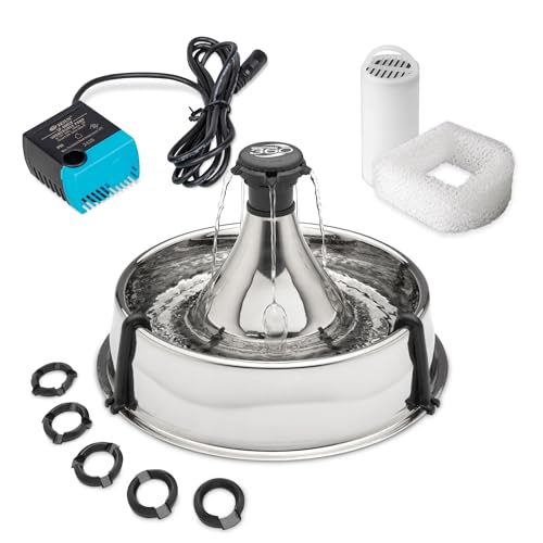 Drinkwell Stainless Steel 360 Multiple Pet Fountain - Scratch and Rust Resistant Automatic Water Dispenser for Cats or Dogs - Adjustable Flow Control - 128 Ounce (3.8 Liter) - Filters Included