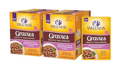Healthy Indulgence Gravy Adult Wet Cat Food, Natural, Protein-Rich, Grain Free, 3 Ounce Pouch, 24 Pack, (Tuna & Mackerel)