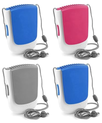 Deluxe Necklace Fan | Battery Powered, Hands-Free Personal Cooling Fan w/Adjustable Lanyard, Table Top Stand + Wearable Clip (Assorted Multi Color (4 Pack))